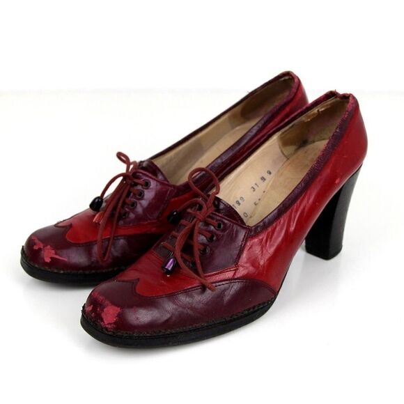 Christian Dior RED BURGUNDY GENUINE LEATHER MID HEEL ROUND TOE PUMP SHOES Size 9 - Picture 3 of 12